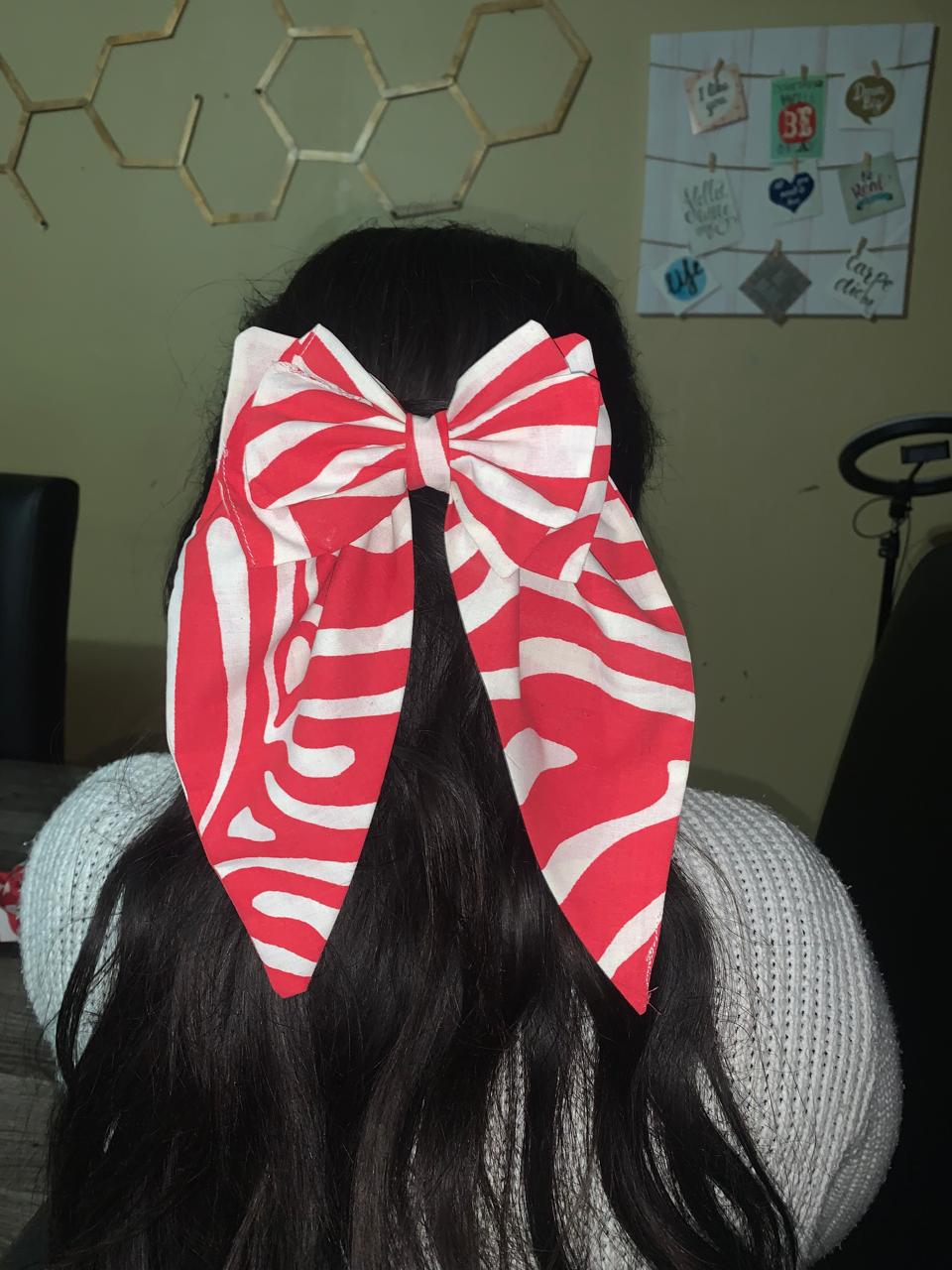 White & Red Striped Hair Bow